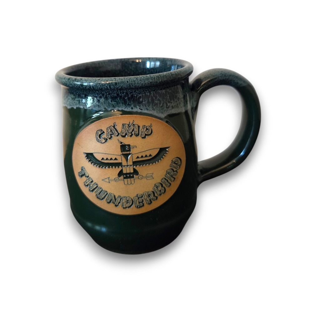 New 2026 Deneen Pottery Hand Thrown Mug Green Drip Glaze Camp Thunderbird